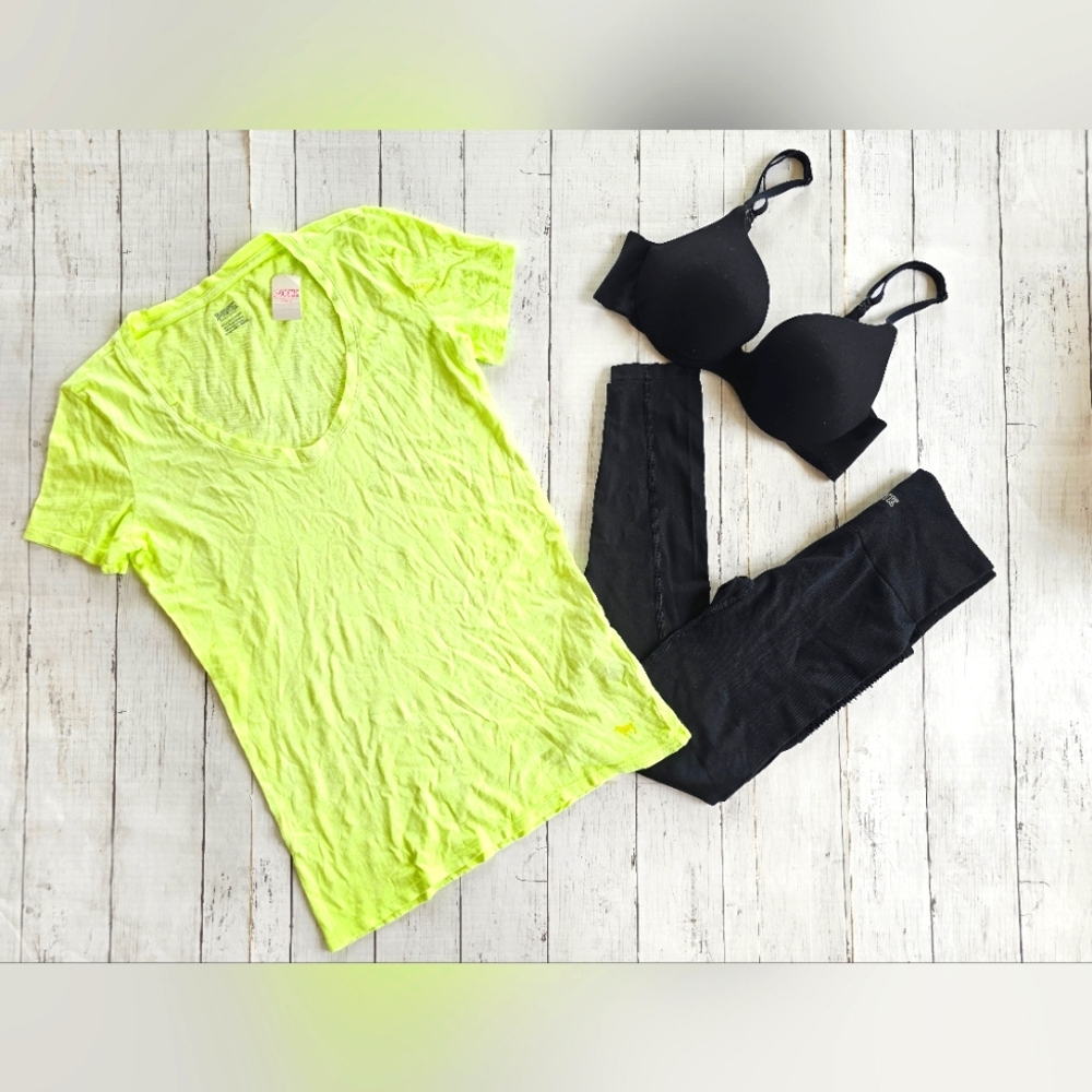 LOT Victoria's Secret Neon Green/Yellow Tee Black Seamless Leggings & Black Bra